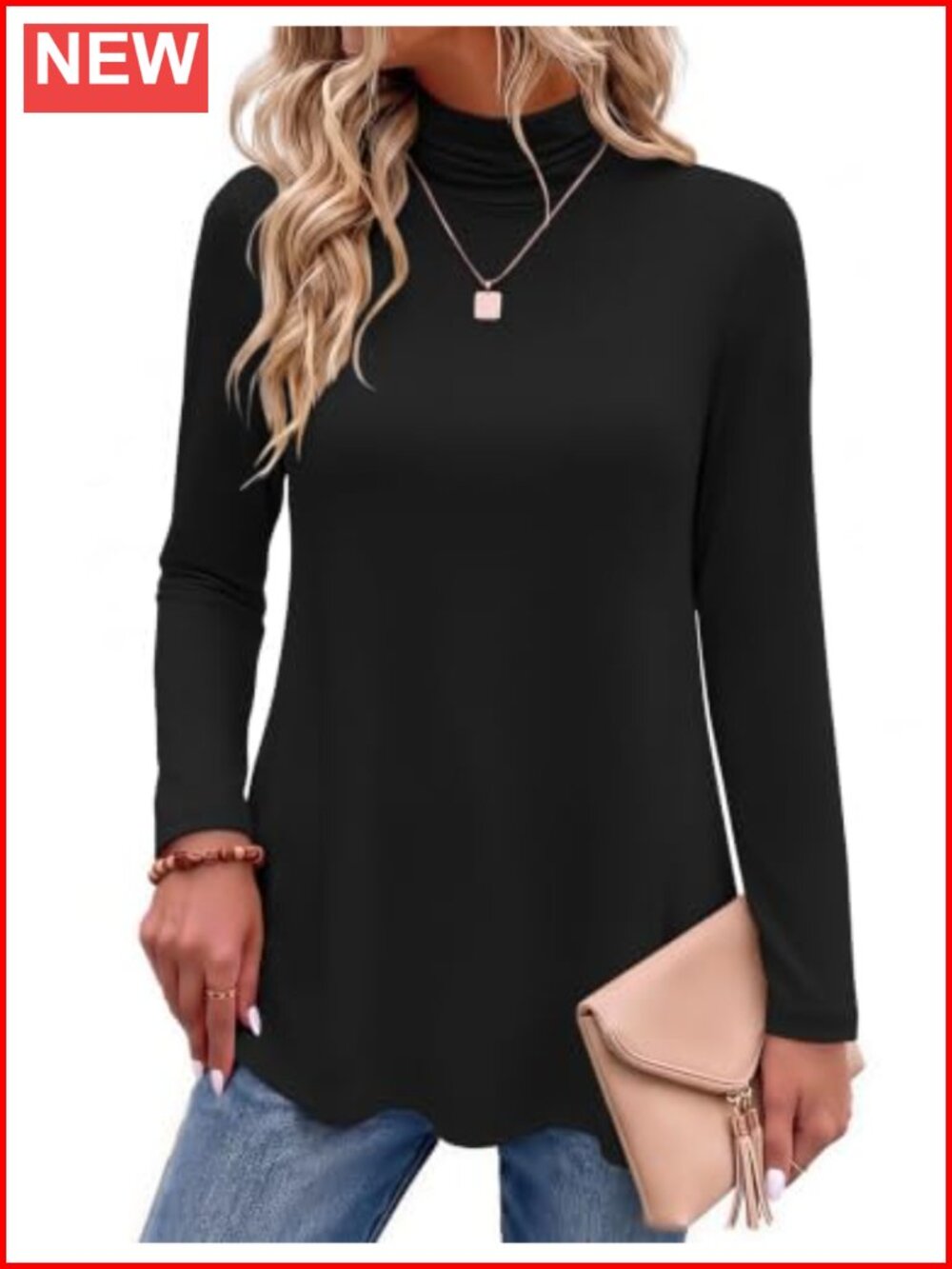 Long Sleeve Turtleneck Tunic Top Relaxed Fit Fall Winter Layering